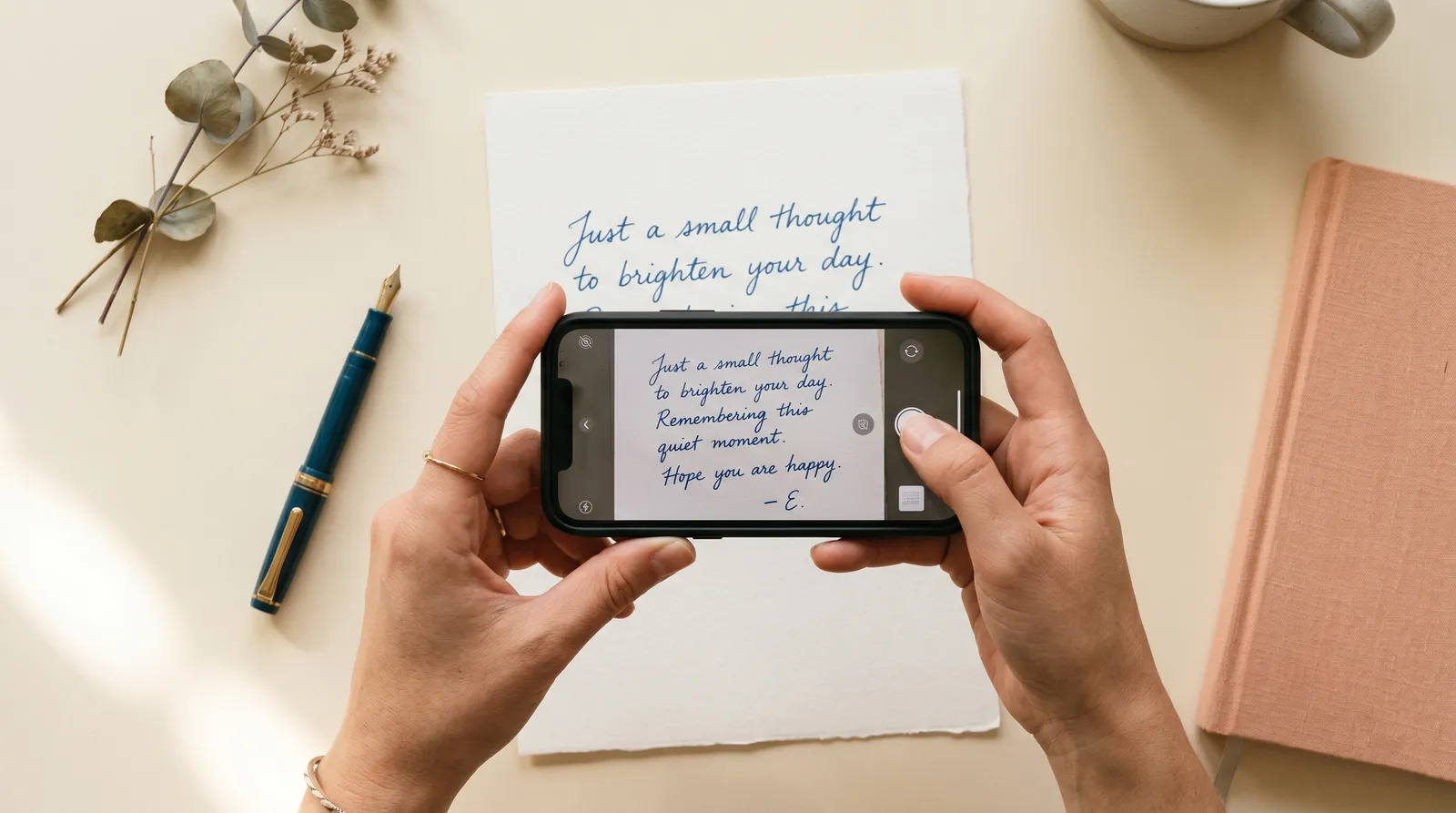 Mani che fotografano con uno smartphone un biglietto scritto a mano per analizzare la scrittura