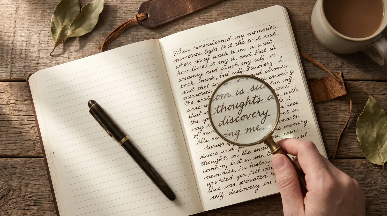 A magnifying glass held over a handwritten journal page, examining the handwriting closely