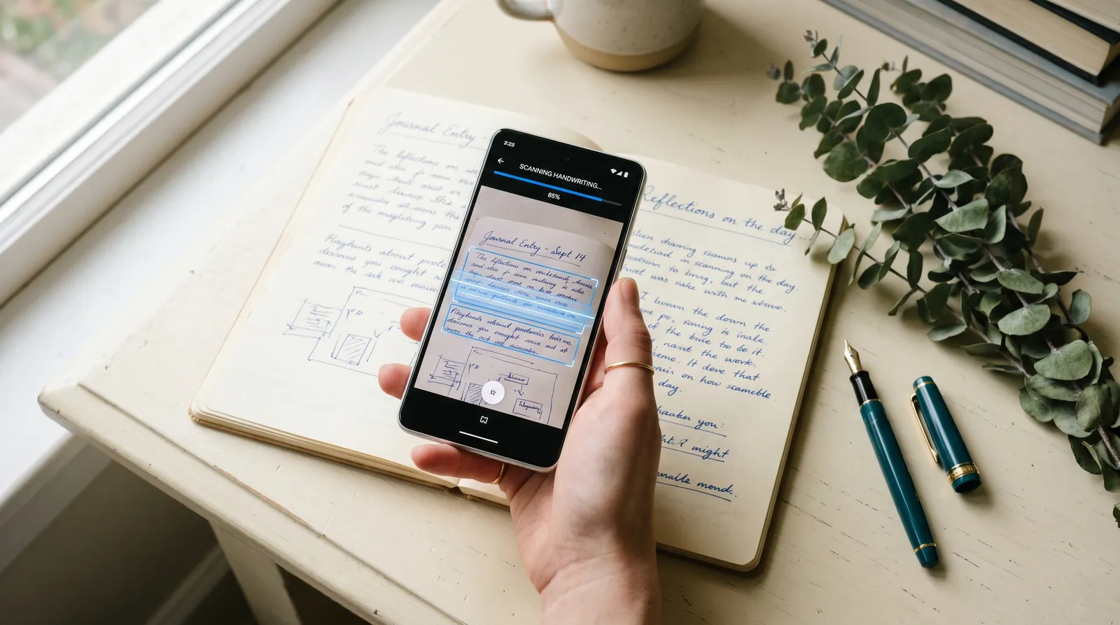 Uno smartphone con un'app di analisi della scrittura mentre fotografa una pagina scritta a mano