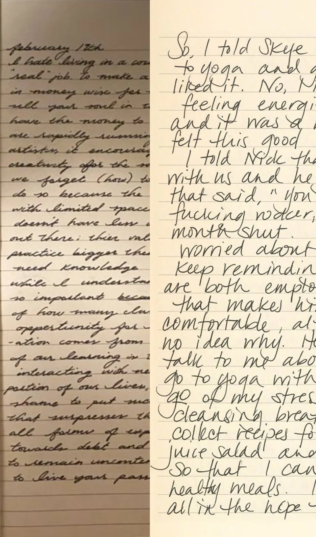 Two different handwriting samples side by side, one a slanted cursive and one an upright rounded hand, for feature-by-feature comparison