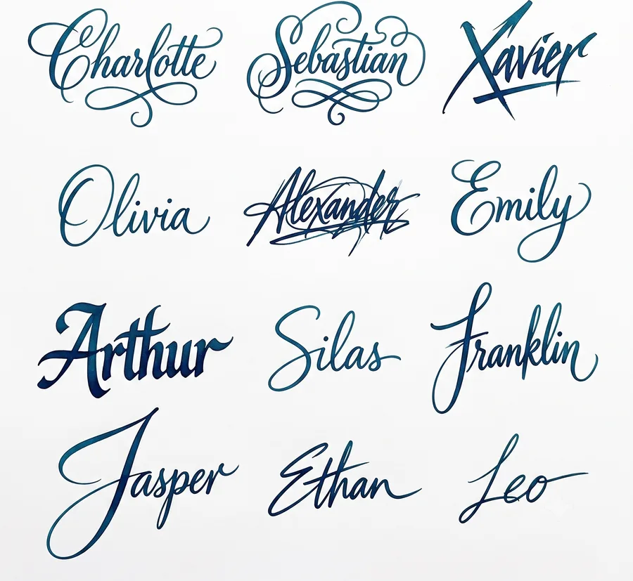 A grid of twelve example signatures in different styles — legible, stylised, underlined, and illegible
